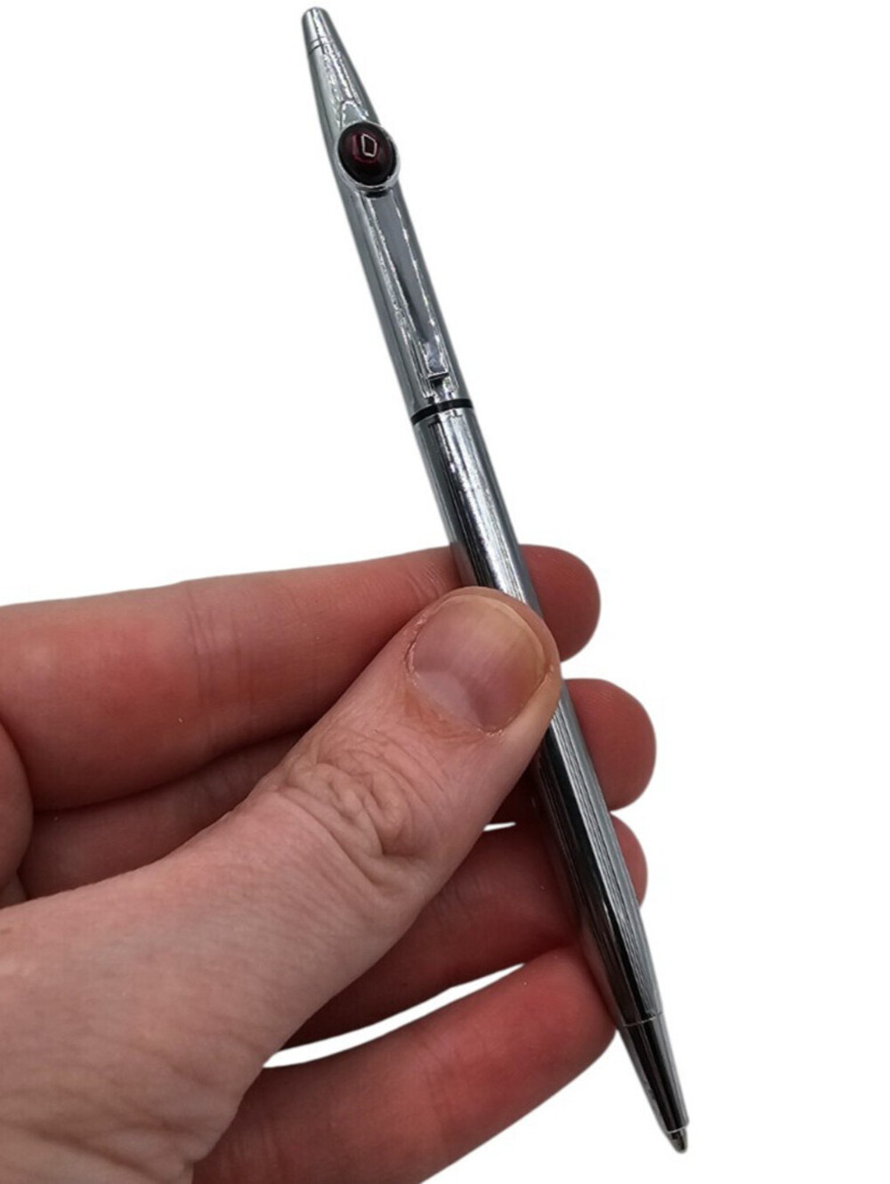 Vtg 1960s Chromatic Silver Tone Writing Pen w/ Burgundy Stone Detail Mid Century